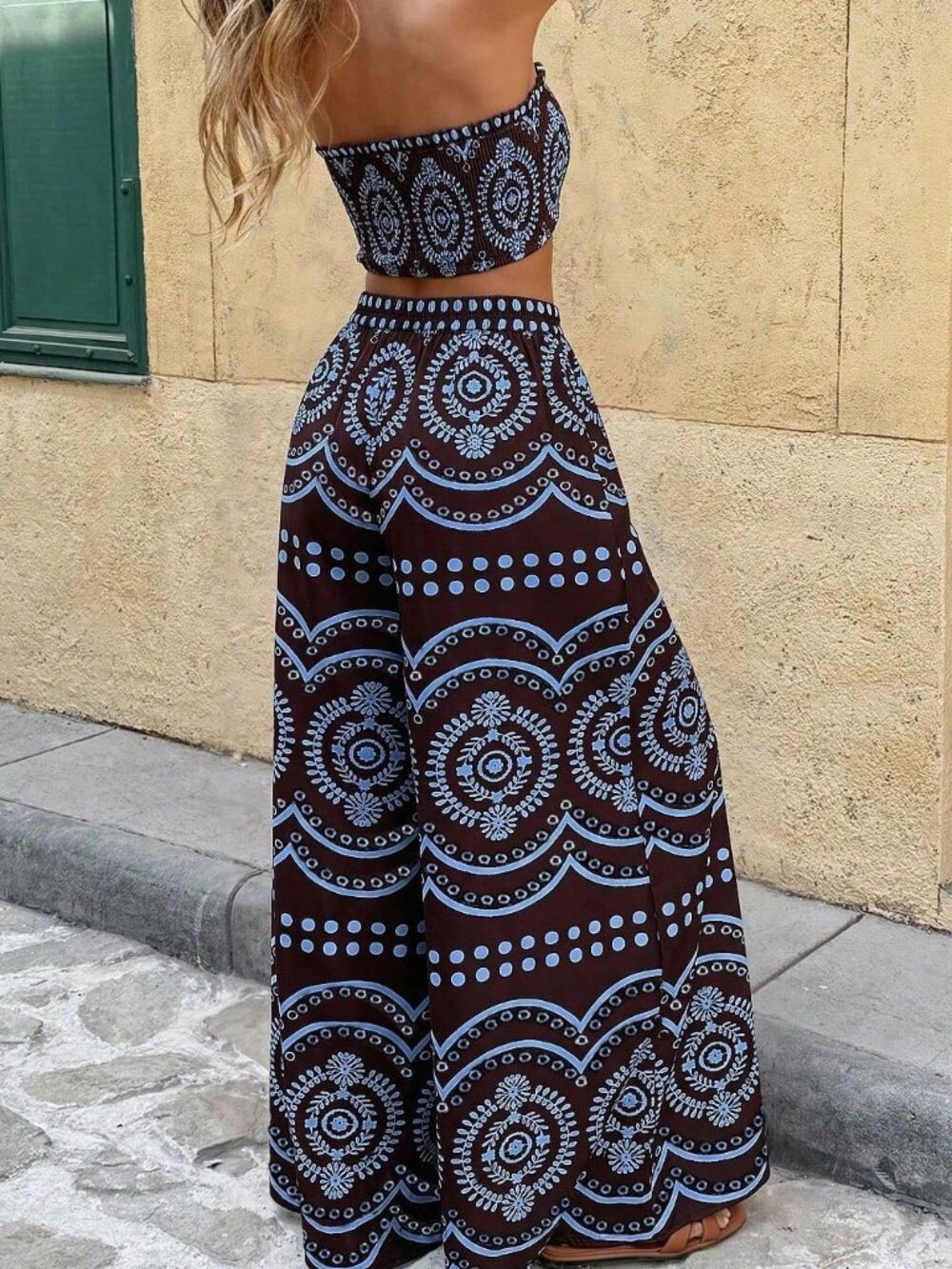 Brown Boho Women's All-Over Print Bandeau Top And Wide Leg Casual Set - Picture 2 of 8